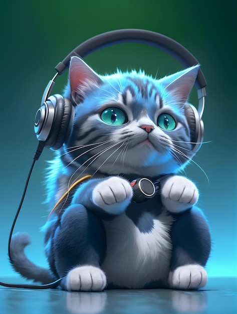achtergrond van blauwe pluizige kat met koptelefoon zit op gradiënt blauwe en groene achtergrond