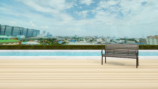 Achtergrond van buiten loungen terras en bankbank met prachtig zwembad op het dak 3D illustratie rendering