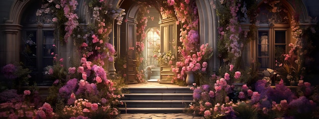 achtergrond van de deur met veel bloemen