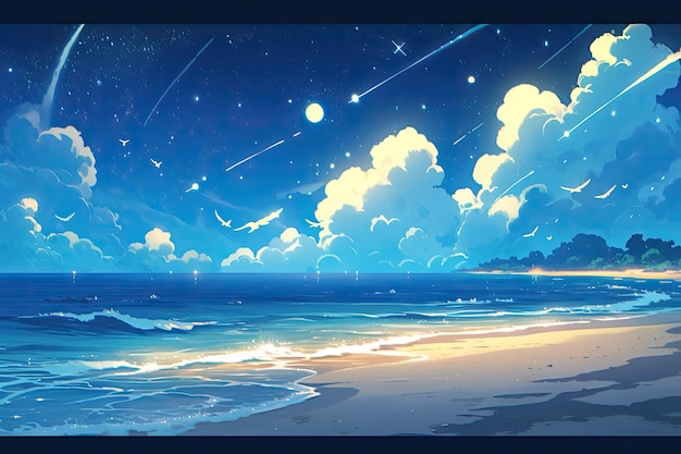 achtergrond van de zee met een meteoriet in pixel art achtergrond van het zeezicht voor een computerspel