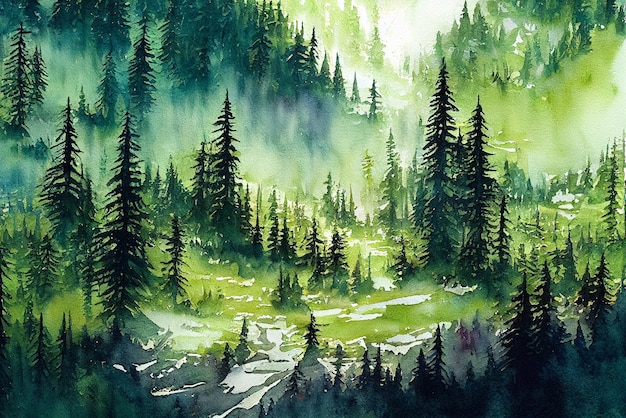 Achtergrond van dennenbos in de berg aquarel landschap foto schilderij kunst groene en frisse kleur