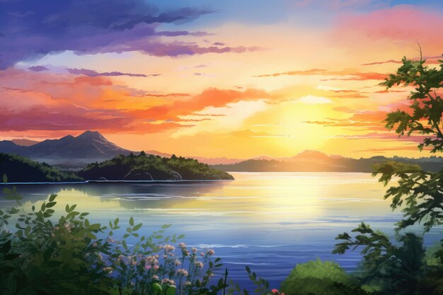 Foto achtergrond van een aquarel schilderij zonsondergang