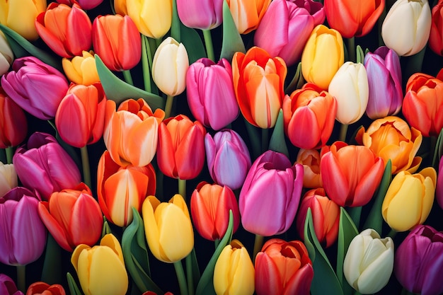 Foto achtergrond van een boeket van kleurrijke tulpen