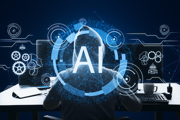 Achtergrond van een hacker die computers op zijn bureau gebruikt met een gloeiend AI-hologram op blauwe achtergrond Kunstmatige intelligentie hacken malware robotica en chat gpt concept