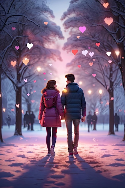 Achtergrond van een jong echtpaar dat elkaar de handen houdt op een winter avond lova achtergrond