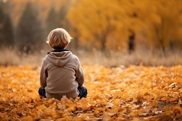 Achtergrond van een jonge jongen die in een herfstpark zit