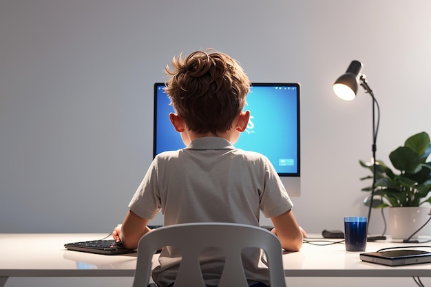 Achtergrond van een jongen met een computer op de tafel op een witte achtergrond