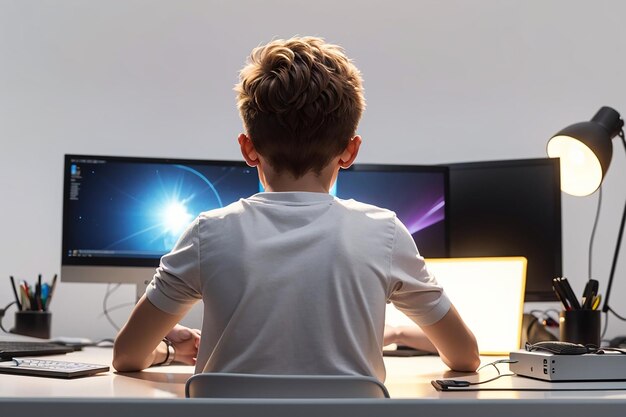 Achtergrond van een jongen met een computer op de tafel op een witte achtergrond