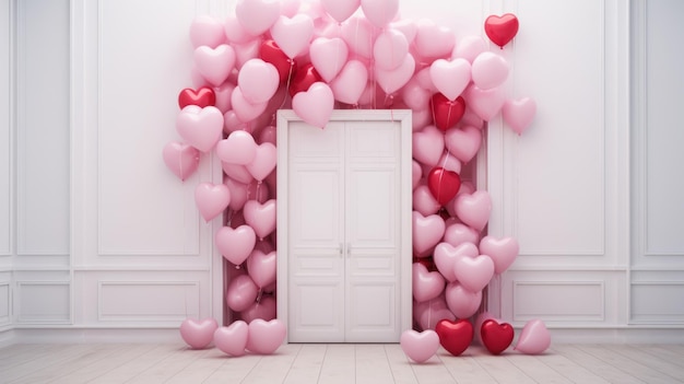 Achtergrond van een kamer met een open deur en hartvormige ballonnen die Valentine's Day binnengaan