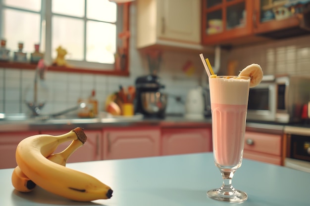 Achtergrond van een keuken met een milkshake en bananen Generatieve AI