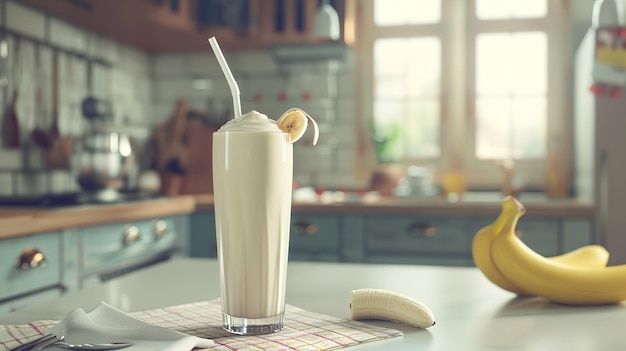 Achtergrond van een keuken met een milkshake en bananen Generatieve AI