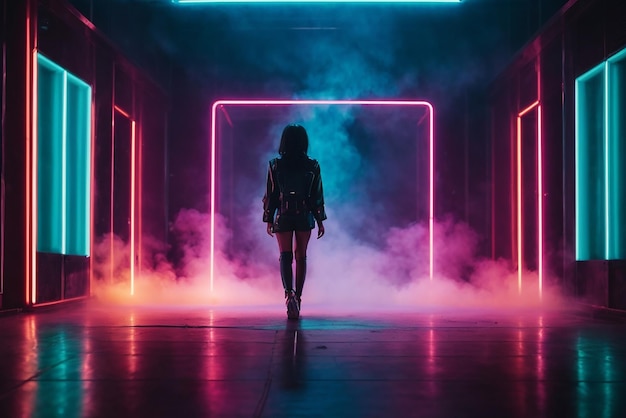 Achtergrond van een lege disco scene Neon lichte rook Donkere abstracte futuristische achtergrond