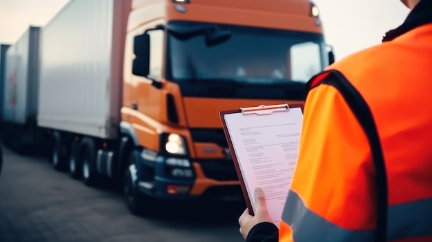 Achtergrond van een mannelijke werknemer die containers controleert op een vrachtwagen bij het scheepsdok