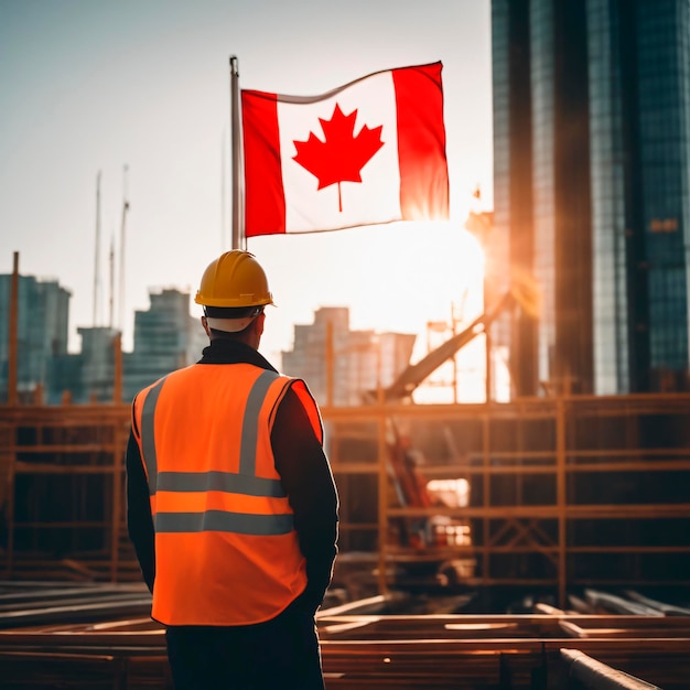 Achtergrond van een mannelijke werknemer met een Canadese vlag op een bouwplaats