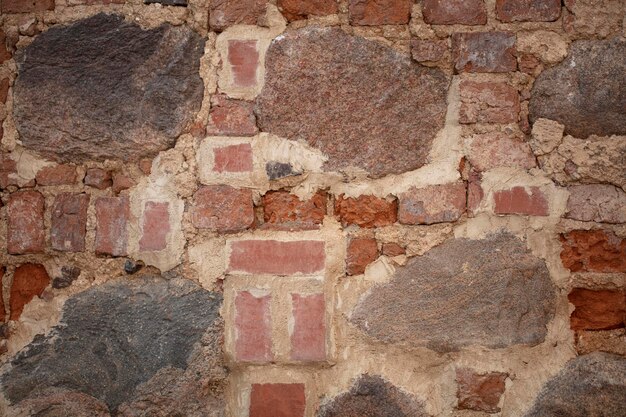 Achtergrond van een oude muur gemaakt van steen en ruwe baksteen