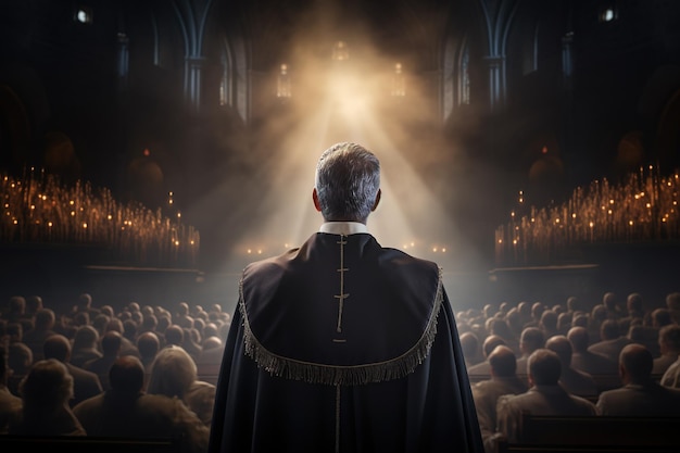 Achtergrond van een priester die naar het interieur van de kerk kijkt