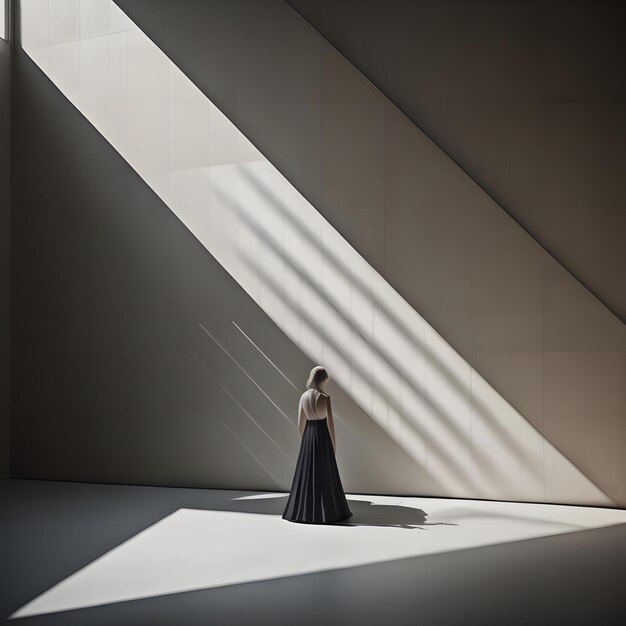Achtergrond van elegante vrouw in lange zwarte jurk die in een lege kamer staat