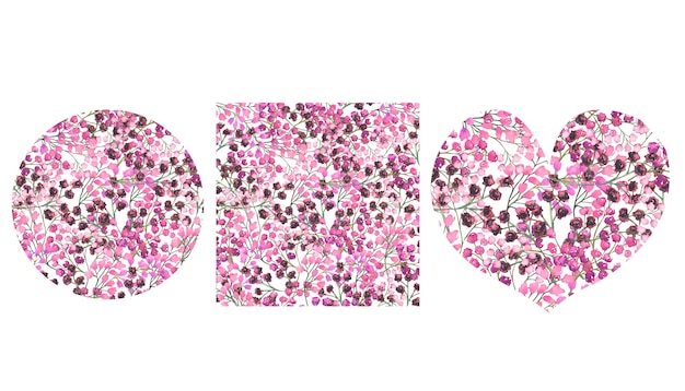 Achtergrond van florale elementen in roze kleuren in de vorm van een hartcirkel en vierkante aquarelprint