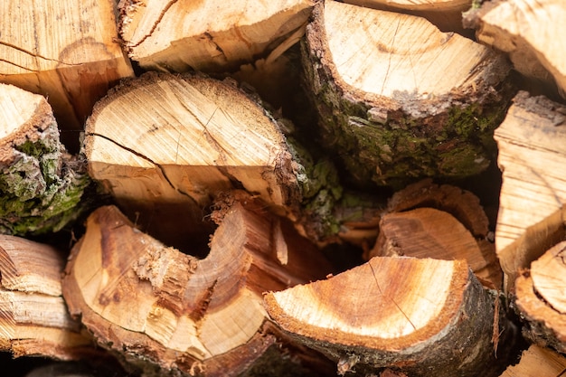 Achtergrond van gehakt hout dat op elkaar ligt Stapel afgebroken hout close-up