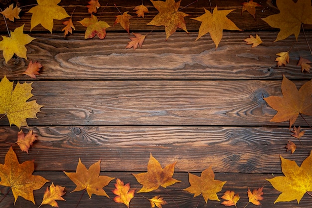 Achtergrond van herfst esdoorn bladeren op houten planken met kopie ruimte Blad textuur houtstructuur