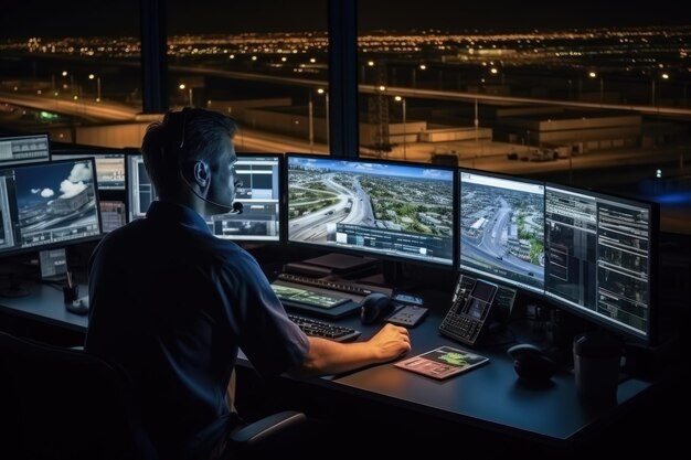 Achtergrond van het luchthavenverkeersleidingsteam met bedieners van de luchtvaartcontroleruimte voor indoor landschappen