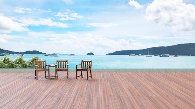Achtergrond van minimaal loungeterras en stoelstoel met uitzicht op zee en cruise 3D-illustratieweergave