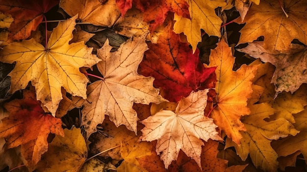 Achtergrond van oranje herfst droge oranje esdoornbladeren met een kopieerruimte Generatieve AI