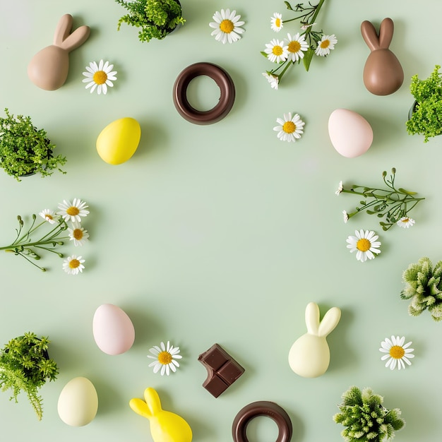 Foto achtergrond van paaseieren en bloemen geïsoleerd op rustig groen