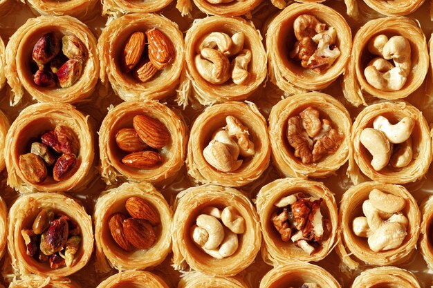 Achtergrond van traditionele Arabische dessertbaklava met honing en noten