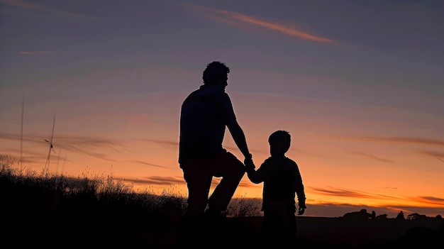 Achtergrond van vadersdag Gelukkige vader met baby bij zonsondergang