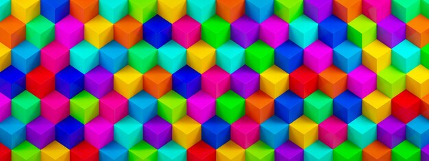 Achtergrond van veelkleurige 3D-kubussen, geometrische achtergrond, 3D-rendering, panoramisch beeld