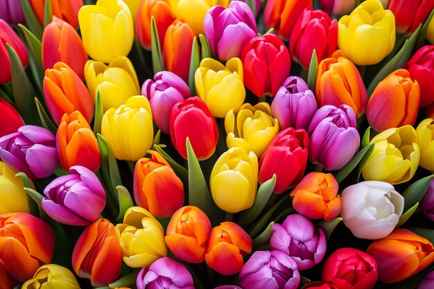 Foto achtergrond van veelkleurige bloeiende tulpen voorjaarsbloemen