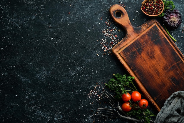 Achtergrond van vegetarisch eten Bovenaanzicht Vrije ruimte voor uw tekst