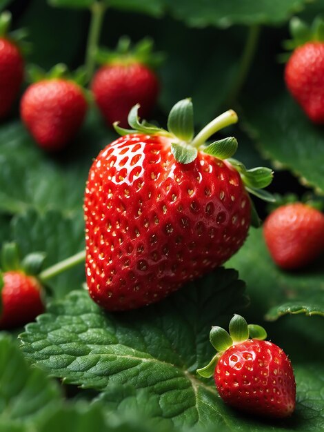 Foto achtergrond van verse aardbeien en groene bladeren