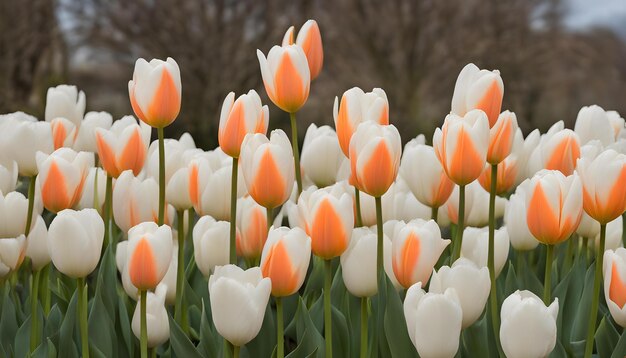 Achtergrond van witte Darwin hybride tulpen bloeien in een tuin