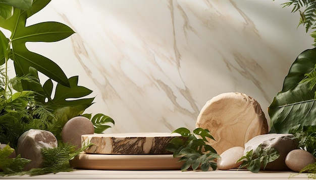 Achtergrond voor cosmetische producten van natuurlijke beige kleur Houten podium met groene bladeren