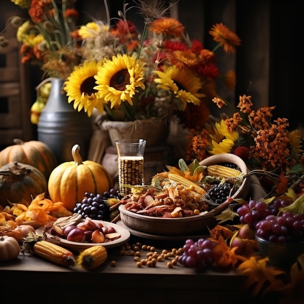 Achtergrond voor een herfst Thanksgiving tafel Generative Ai