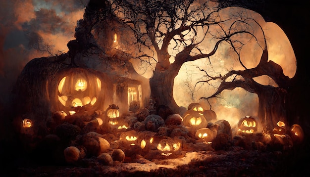 Achtergrond voor Halloween Landschap met pompoenen en neon dramatische droge 3D render Rasterillustratie