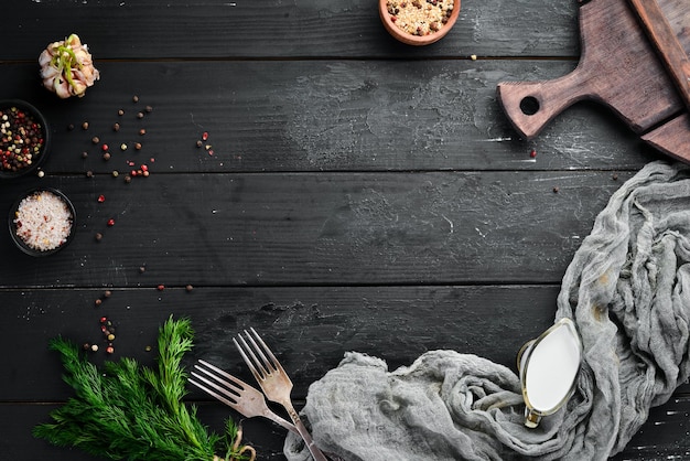 Achtergrond voor het menu met gerechten Bovenaanzicht Vrije ruimte voor uw tekst Rustieke stijl