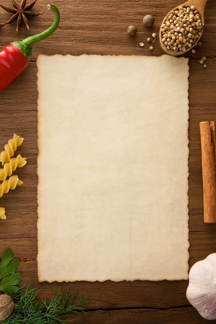 Foto achtergrond voor kookrecepten en specerijen op een houten tafel
