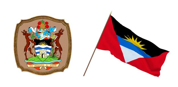 Achtergrond voor redacteuren en ontwerpers Nationale feestdag 3D illustratie Vlag en het wapen van Antigua en Barbuda