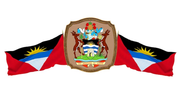 Achtergrond voor redacteuren en ontwerpers Nationale feestdag 3D illustratie Vlag en het wapen van Antigua en Barbuda