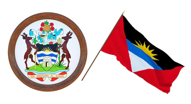 Achtergrond voor redacteuren en ontwerpers Nationale feestdag 3D illustratie Vlag en het wapen van Antigua en Barbuda