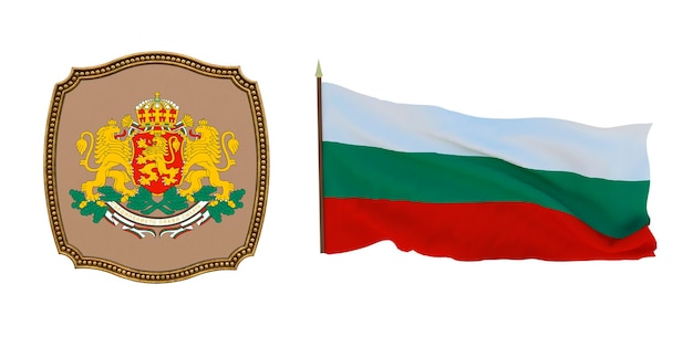 Achtergrond voor redacteuren en ontwerpers Nationale feestdag 3D illustratie Vlag en het wapen van Bulgarije