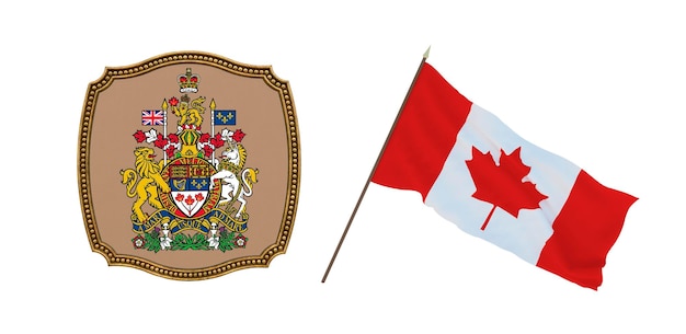 Achtergrond voor redacteuren en ontwerpers Nationale feestdag 3D illustratie Vlag en het wapen van Canada