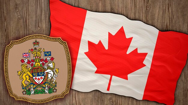 Achtergrond voor redacteuren en ontwerpers Nationale feestdag 3D illustratie Vlag en het wapen van Canada