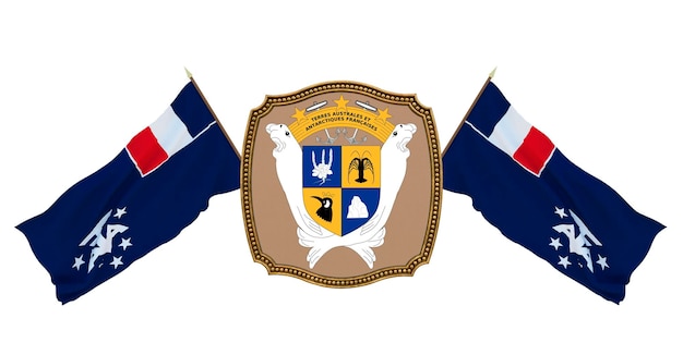 Achtergrond voor redacteuren en ontwerpers Nationale feestdag 3D illustratie Vlag en het wapen van de Franse zuidelijke antarctische gebieden
