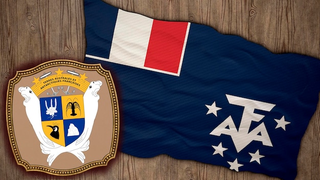 Achtergrond voor redacteuren en ontwerpers Nationale feestdag 3D illustratie Vlag en het wapen van de Franse zuidelijke antarctische gebieden