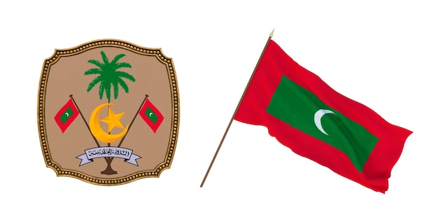 Achtergrond voor redacteuren en ontwerpers Nationale feestdag 3D illustratie Vlag en het wapen van de Malediven