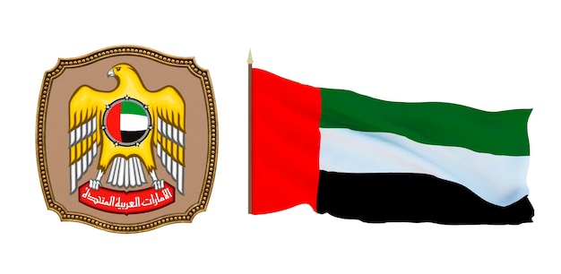 Achtergrond voor redacteuren en ontwerpers Nationale feestdag 3D illustratie Vlag en het wapen van de Verenigde Arabische Emiraten